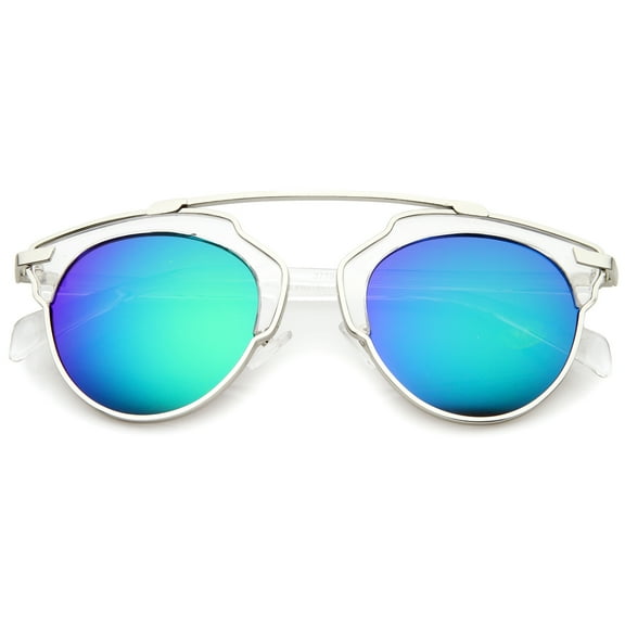 sunglassLA Unisex High Fashion Two-Toned Pantos Crossbar Color Mirror Lens Aviator Sunglasses (Clear-Silver / Green Mirror) - 50mm