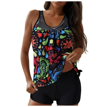 Xudanell WomenS Two-Piece Tankini Swimsuits For Women With Striped Tank Tops  Boyshorts  And Tankini Swimwear Vacations Tankini Swimsuits For Women (V-Black L)
