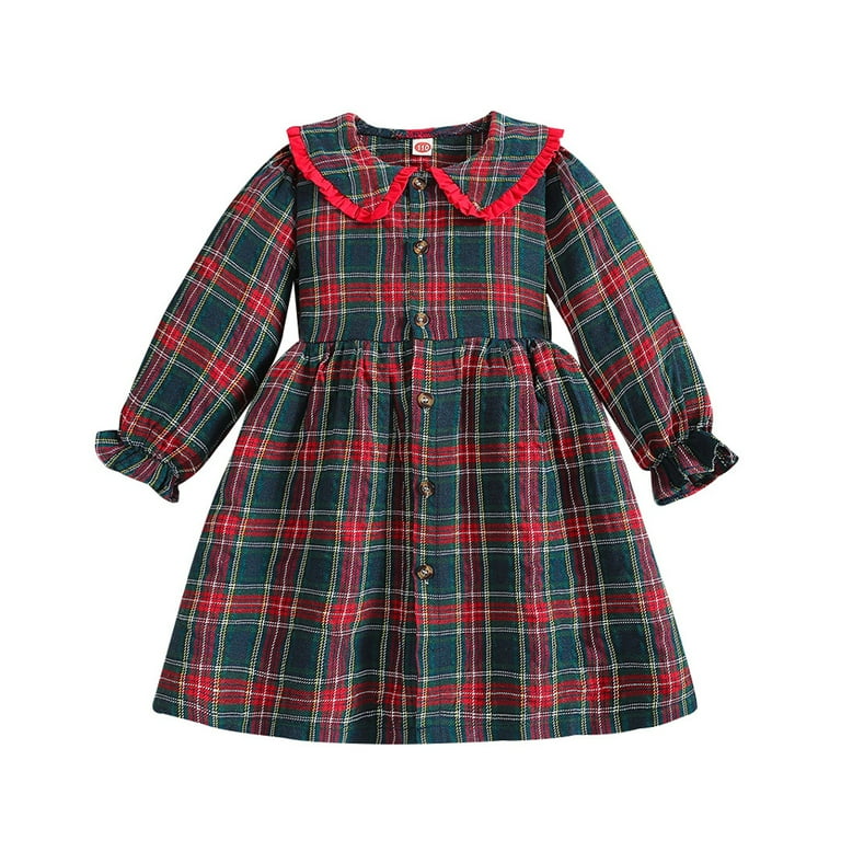 Kyaiguo Kids Toddler Girls Plaid Dress Spring Flare Sleeve Peter Pan Collar Dress with Buttons Baby Christmas Princess Tutu Party Skirt for 2-7 Years