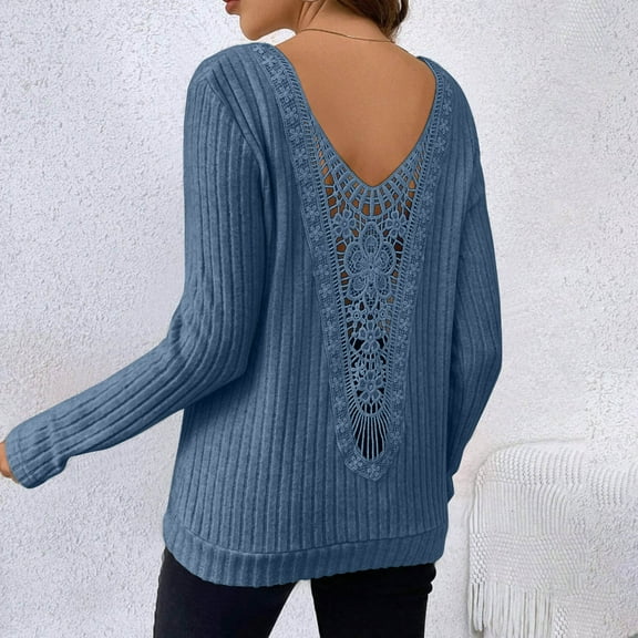 Sevevn Women's Ribbed Knit Crew Neck Pullover Lace Low Back Cutout Solid Color Slim Long Sleeves Tunic Dressy Top Blue L