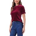 thumbnail image 4 of Camisa con cuello rizado Inspire Chic para mujer, blusa de terciopelo de manga corta, talla XS, color rojo vino, 4 of 5