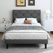UHOMEPRO Upholstered Platform Twin Bed Frame with Headboard, Modern Gray Fabric Linen Twin Bed Frame with Wood Slat Support, Mattress Foundation for Adults Kids, No Box Spring Needed
