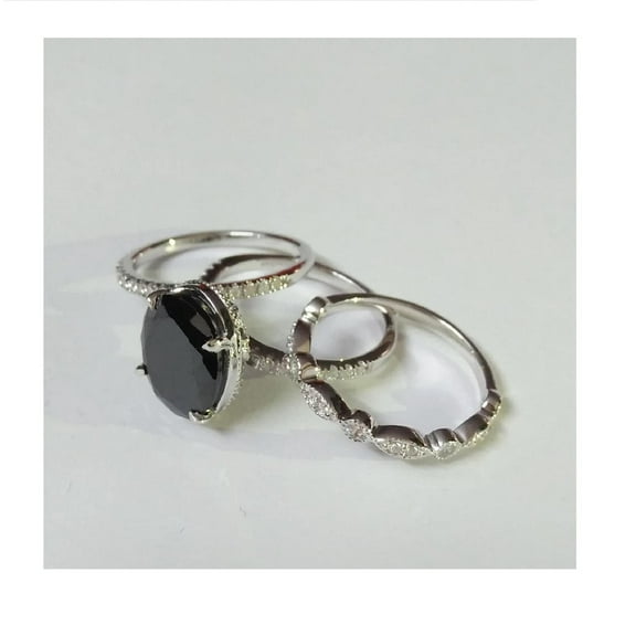 Bluebelljewels Oval Shape Bridal Ring Set, 14K White Gold Plated Fashion Ring For Her, For Women, Black Diamond Wedding Ring Set