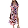 thumbnail image 1 of Biekopu Women Summer Casual Long Dress Flower Print V-Neck Short Sleeve High Waist Boho Holiday Dress, 1 of 6