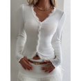 thumbnail image 5 of Womens Cardigan Sweaters Lace Ruffle Trim V Neck Long Sleeve Button Front Ribbed Knit Cute Fitted Crop Tops White M, 5 of 9