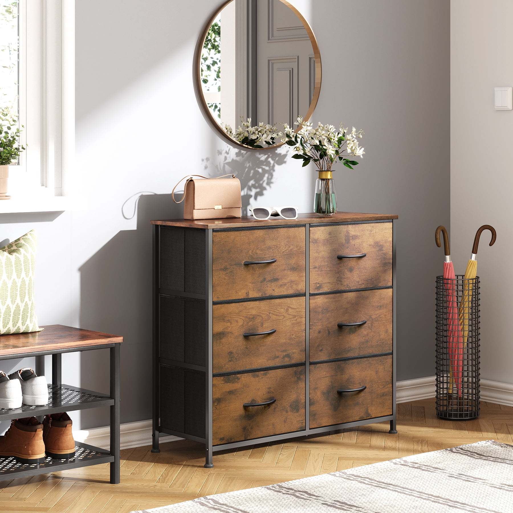 GALAXHERO 6 Drawer Dresser, Fabric Double Dresser, Storage Tower with Fabric Bins, Chest of Drawers for Bedroom, Closet, Living Room, Hallway, Rustic Brown Wood Grain Print