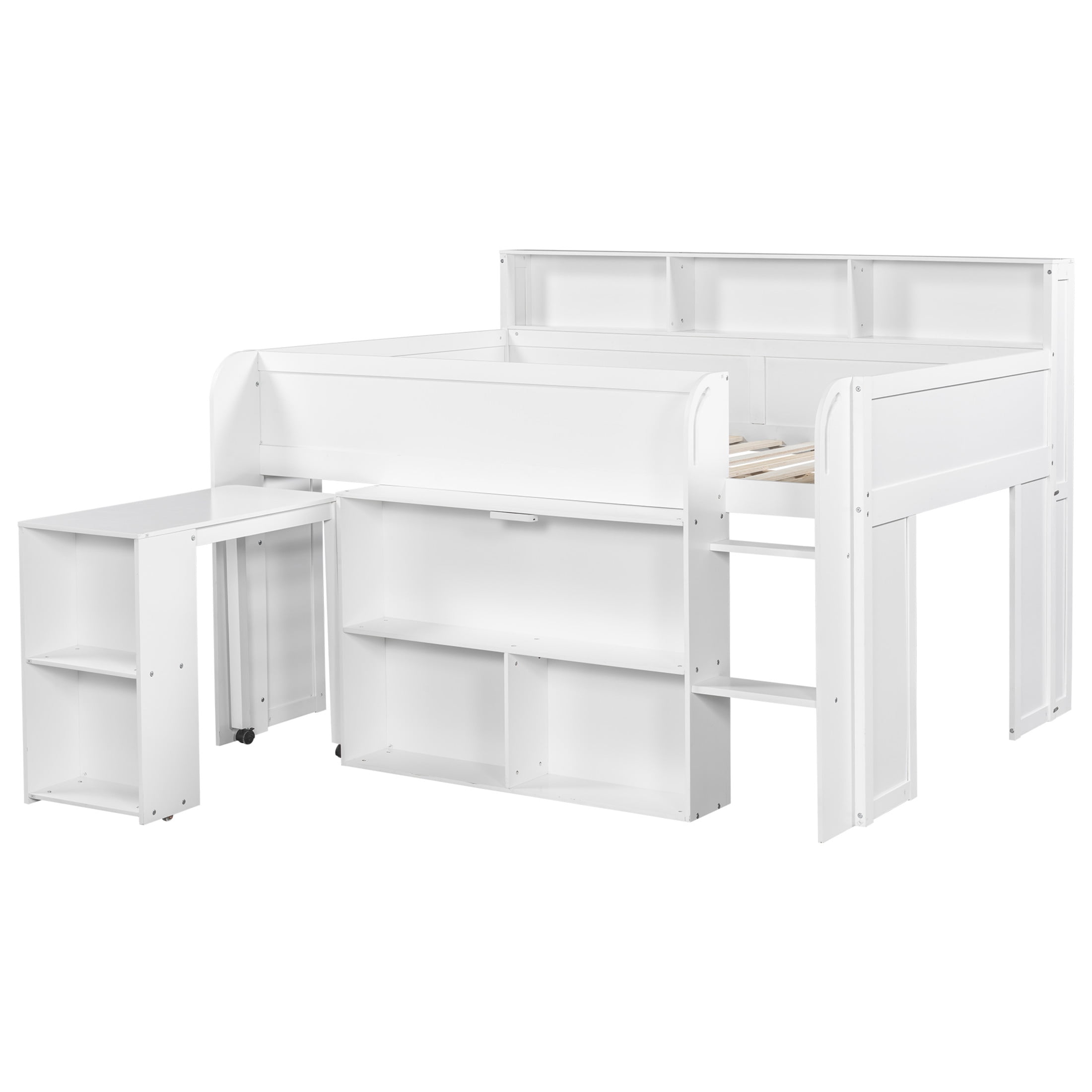 Noble House Nerwin Full Size Solid Wood Loft Bed with Built-in Desk, Storage Shelves and LED Lighting, White
