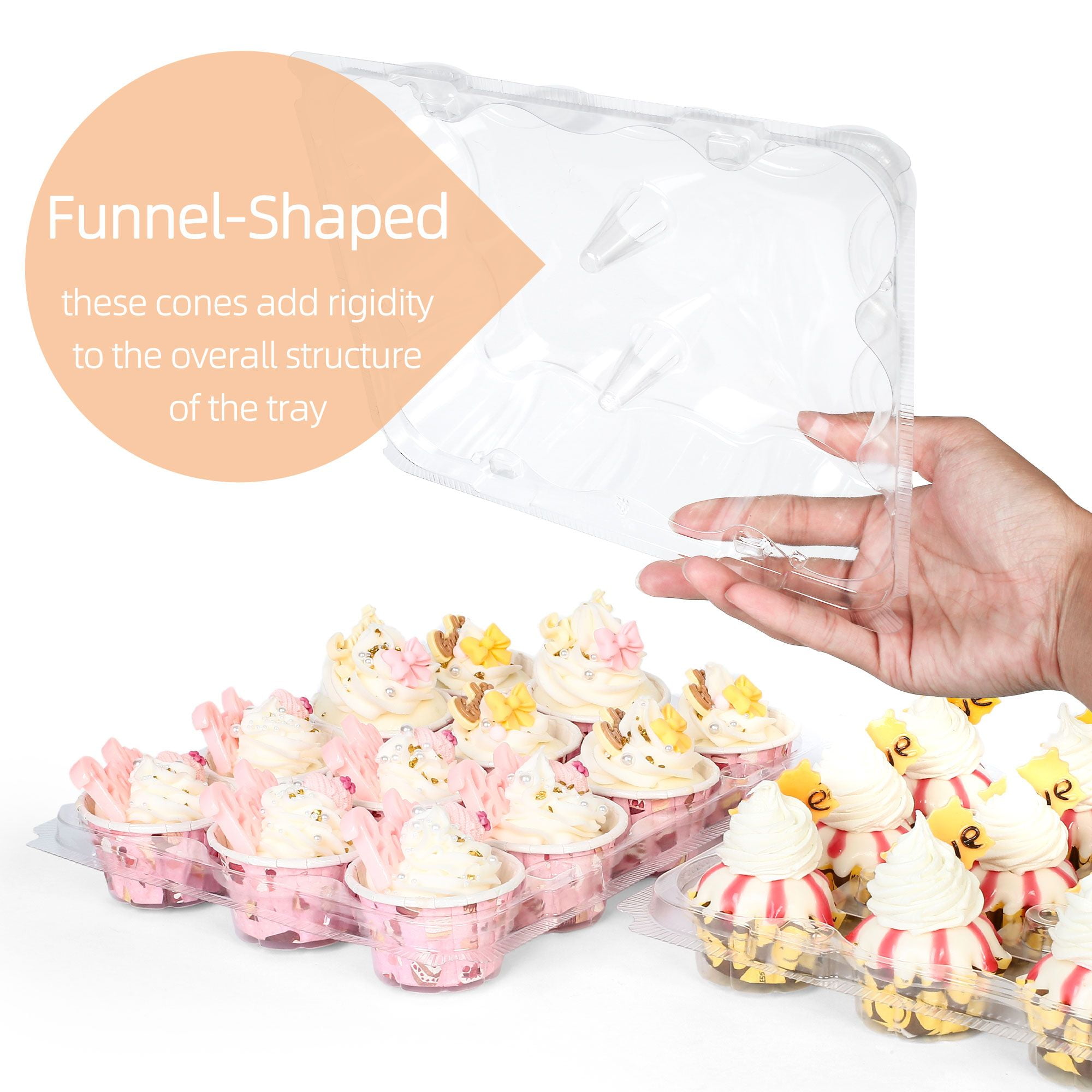 5 – 24 Compartment Clear High Dome Cupcake Containers Boxes with baking cup  liners – Great for high topping – 5 boxes 24 slot each – Plus White standard  size baking cups – Decony
