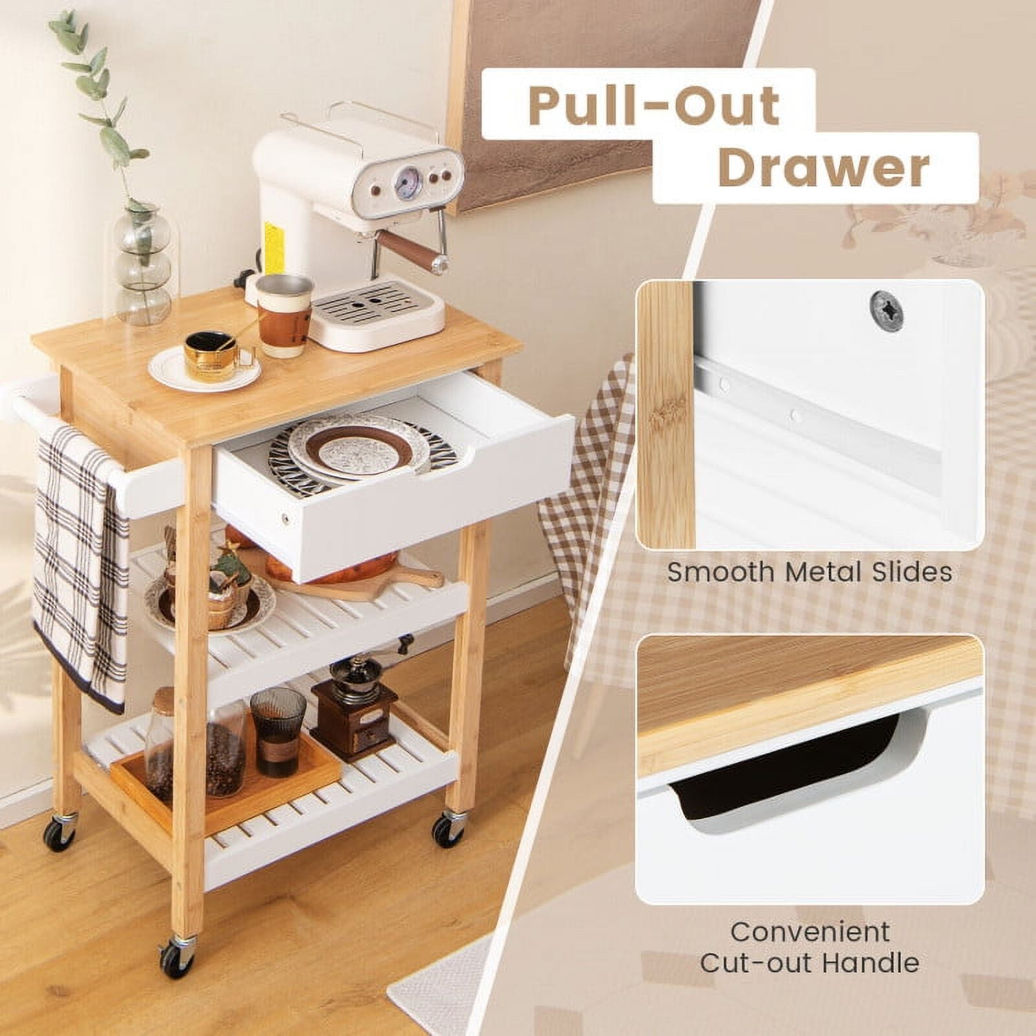 Finihen Rolling Cart, Kitchen Island Cart, 3-Tier Kitchen Island Cart Rolling Service Trolley with Bamboo Top, for Kitchen, Dining Room, Natural Finihen Rolling Cart, Kitchen Island Cart, 3-Tier Kitchen Island Cart Rolling Service Trolley with Bamboo Top, for Kitchen, Dining Room, Natural