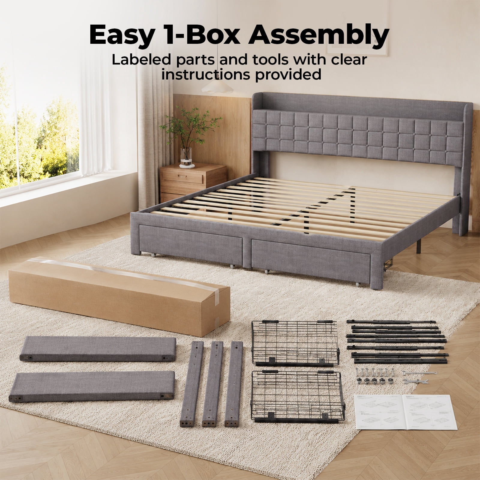 Alvantor Upholstered Bed Frame with 2 Storage Drawers and Fabric Headboard, Full Size, Heavy Duty Metal Platform, Easy Assembly