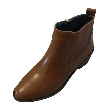 OJSFQUFP Womens Shoes Winter Warm Boots Women Artificial Leather Autumn Square Heels Zipper Solid Short Booties Round Toe Shoes Walking Boots Brown 41