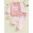 thumbnail image 2 of Suealasg Toddler Baby Girl Fall Tracksuit Outfits Clothes 6M 1T 2T 3T Kids Girl Long Sleeve Letter Sweatshirt + Checkerboard Pants Set 2PCS Casual Autumn Clothing for Children Girl, 2 of 9