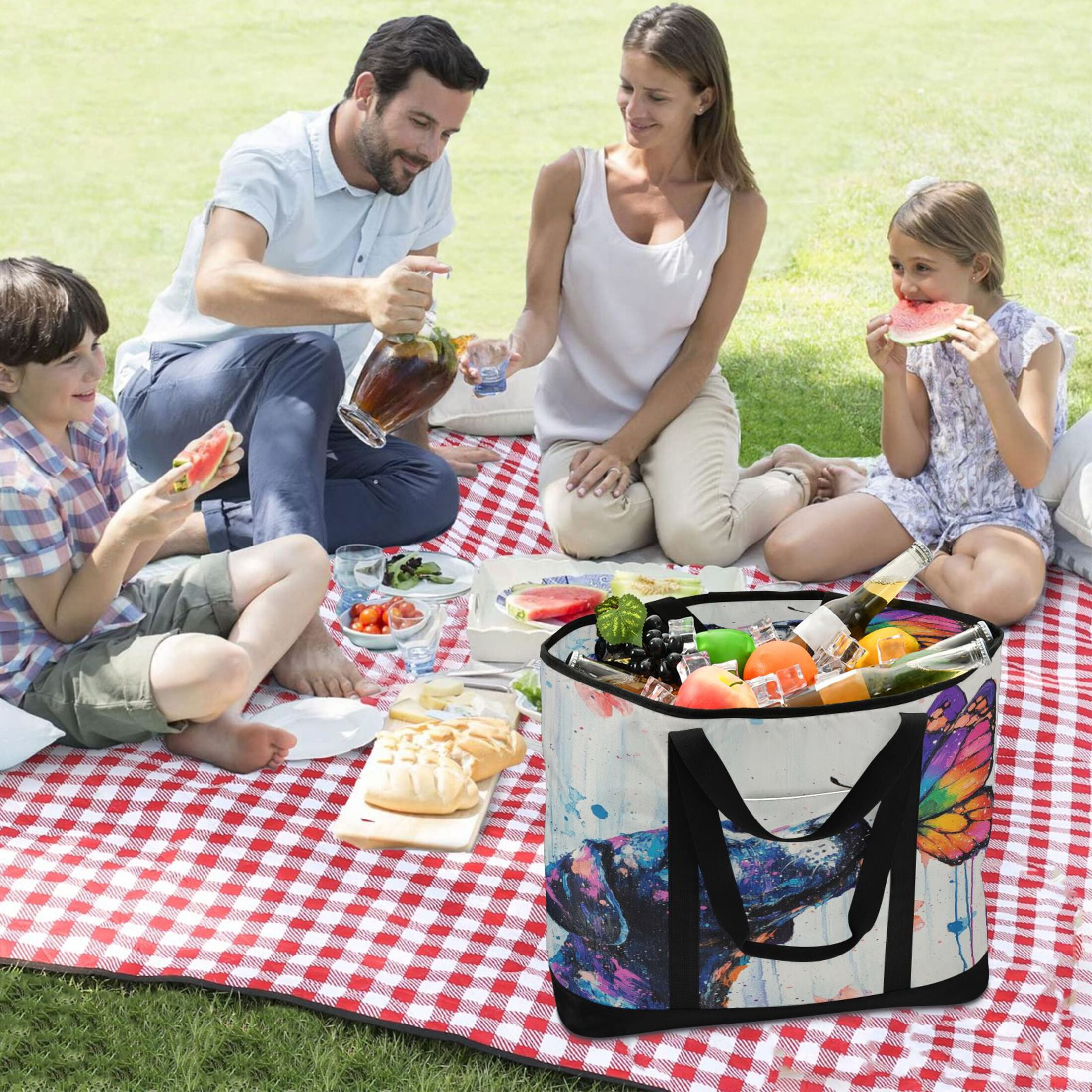 Large Hand-held Ice Pack Picnic Bag Insulation and Refrigeration Suitable for Shopping Picnics and Camping Colorful Dogs and Butterflies