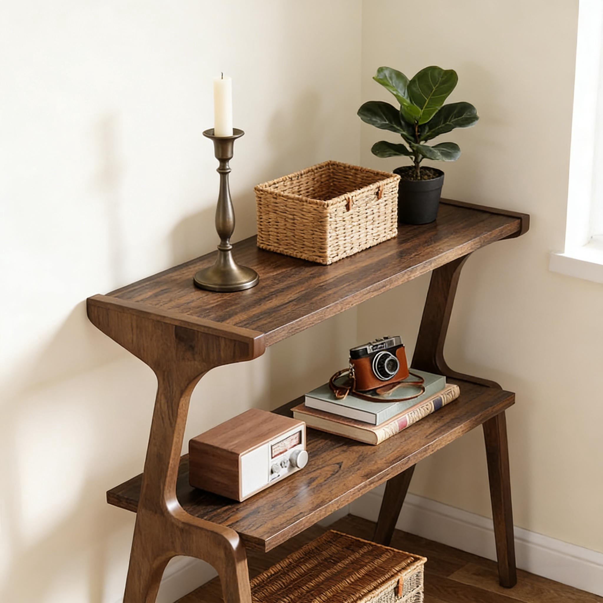 Solid Wood Side Table, 2-Tier, Rustic Brown, Waterproof Lacquer, Multifunctional Use