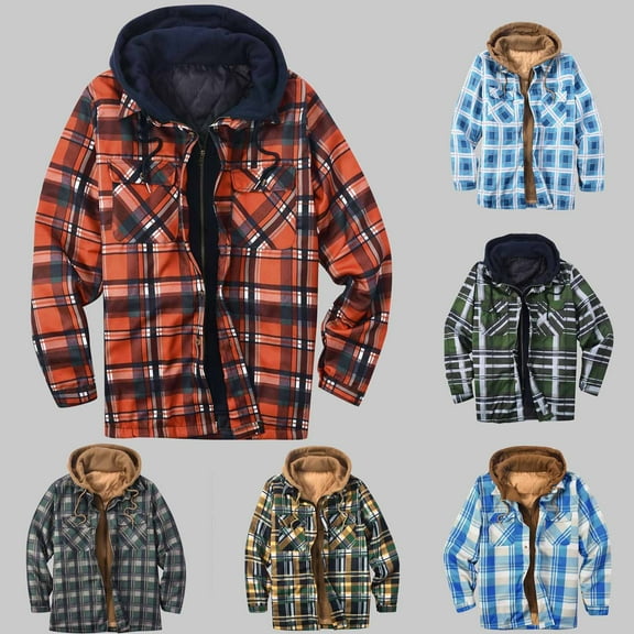 Miluxas Mens Plaid Hoodies Winter Zip Up Fleece Jacket Sherpa Fleece Lined Warm Flannel Jacket Coat Orange