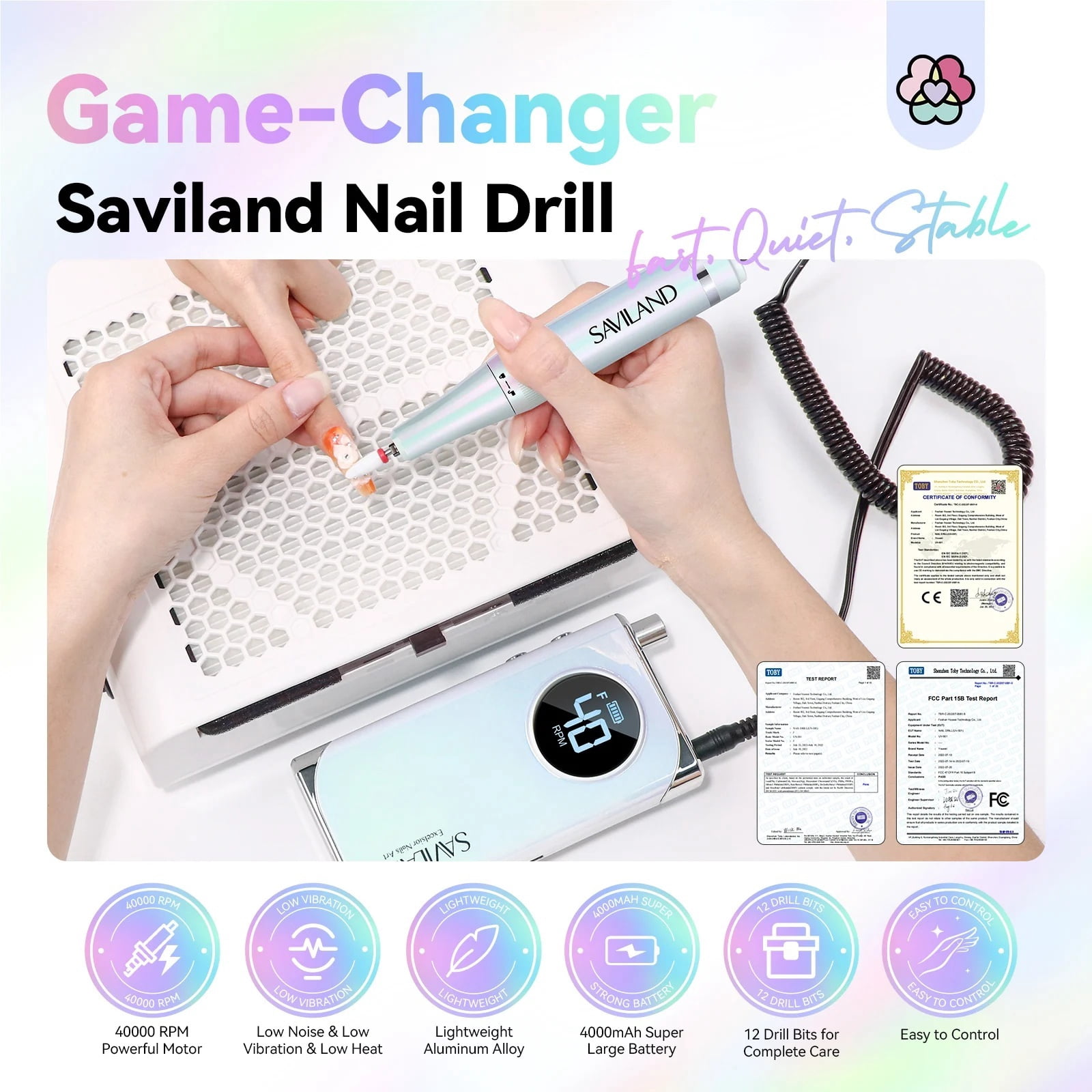 Professional Rechargeable 40000RPM Electric Nail Drill Machine with 12 Drill Bits Nail File for Acrylic Nails Removing