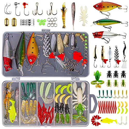 77Pcs Fishing Lures Kit Set for Bass,Trout,Salmon,Including Spoon Lures,Soft Pla 