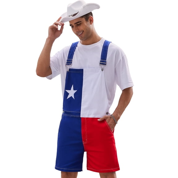 Yuanbang Texas Flag Overalls for Men Adjustable Straps Work Bib Coveralls Shorts Jumpsuit(Red White and Blue,L)
