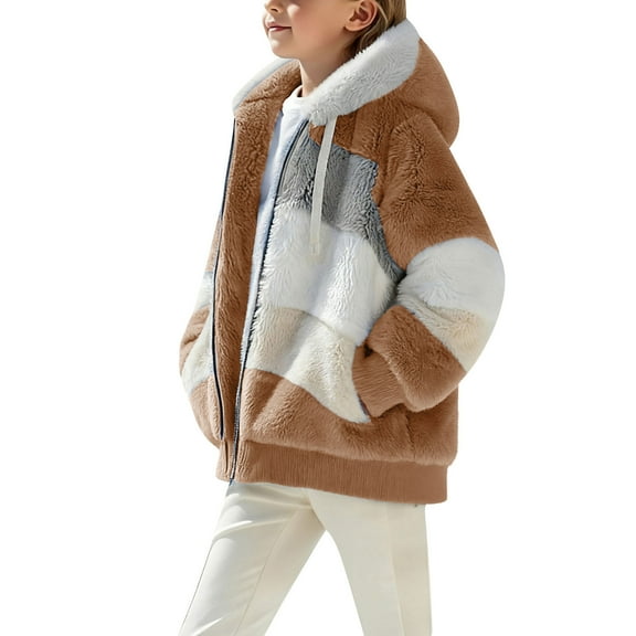SERTG Boys Girls Plus Size Long Style Fleece Hooded Jacket Double Sided Plush Long Sleeve Fall Winter Casual Warm Fashion Zip Outerwear Coat for kids 5-14 Years(Coffee,11-12 Years)