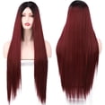 thumbnail image 3 of GFDYREE Long Ombre Red Wig Long Straight Red Wig for Women with Small Piece Lace Black Roots Wine Red Lace Front Wig for Party Daily Lace Front Wig 24 Inches, 3 of 7