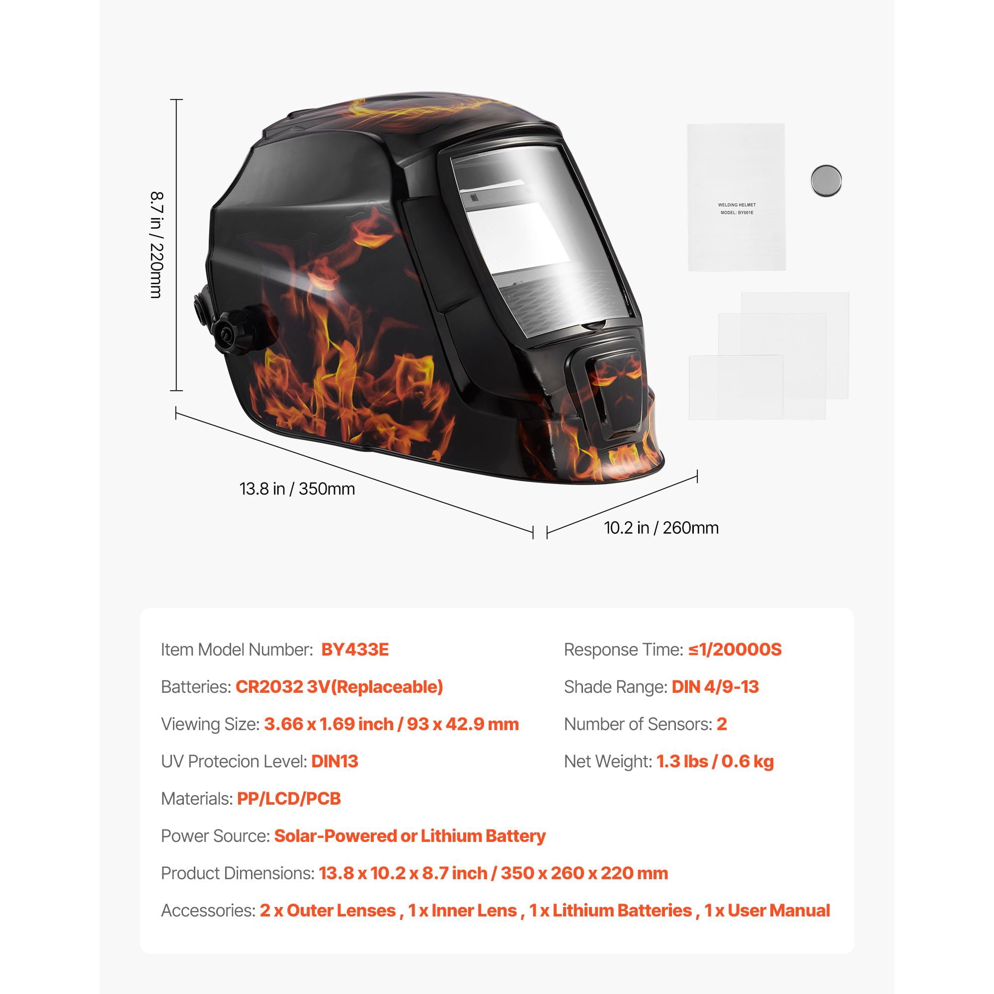Auto Darkening Welding Helmet, True Color Technology 3.66x1.69 Inch Viewing Screen, 1/20000s Response, DIN 4/9-13 Adjustable, Solar Powered for Welding and Grinding