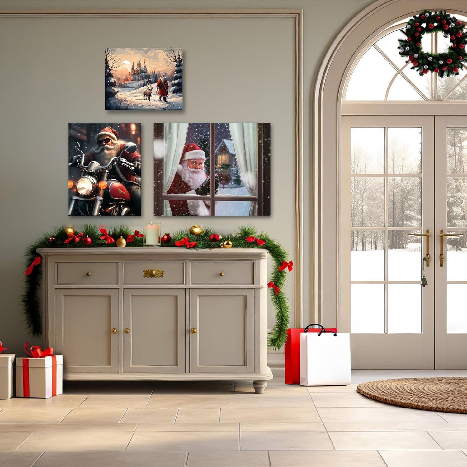 Christmas Santa Claus Peeking Through Window Canvas wall art decor, Cozy Winter Holiday Wall Art for Living Room, Bedroom or Office, Unique Christmas Gift for Family and Friends 16X20inch