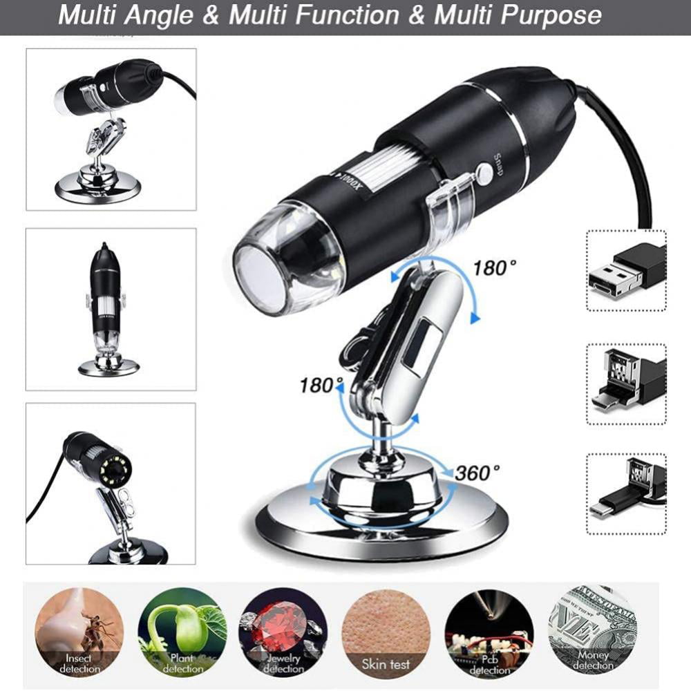 Digital USB Microscope 40X to 1000X 8 LED Magnification Mini Handheld Endoscope Camera with Stand Compatible with Windows 7 8 10 Android Mac Linux 