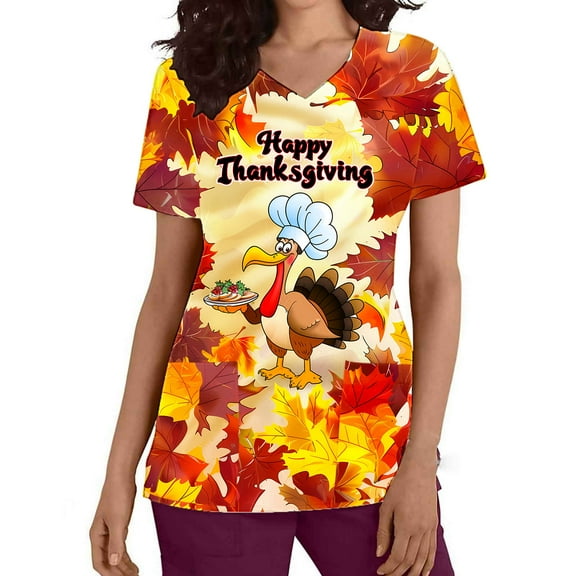 Xfvqtps Thanksgiving Scrub Tops for Women Soft V-Neck Scrubs Comfortable Nursing Uniforms Short Sleeve Tops Turkey Print Blouse Protective Clothing Working Uniforms with Pockets Red