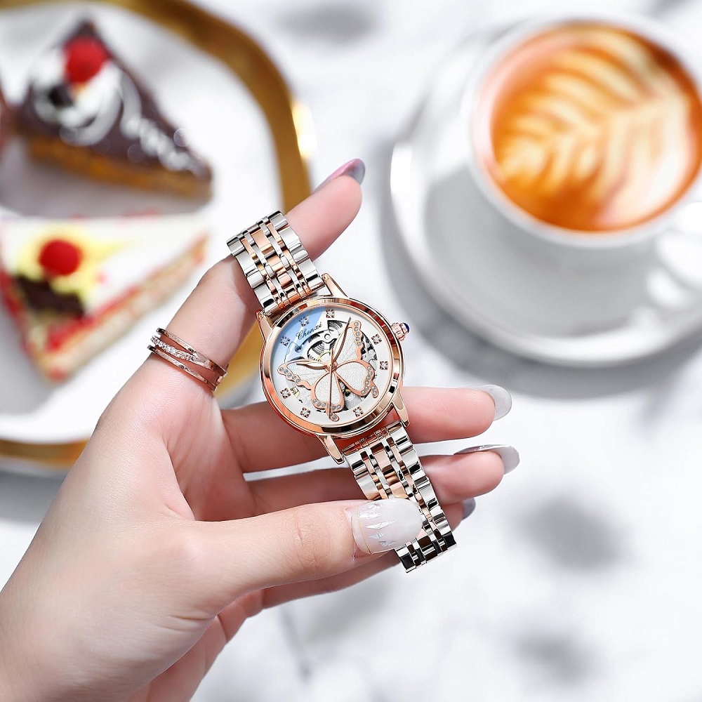 Women's Sapphire Watches Automatic Mechanical Gold Bracelet Ladies Skeleton Wrist Watch