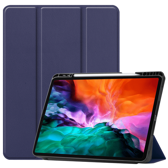 For 2021 5th Gen iPad Pro 12.9" Case, Auto Wake/Sleep Cover, Cover with Pen Holder, Slim Soft TPU Back Smart Tri-Fold Stand (Dark Blue)