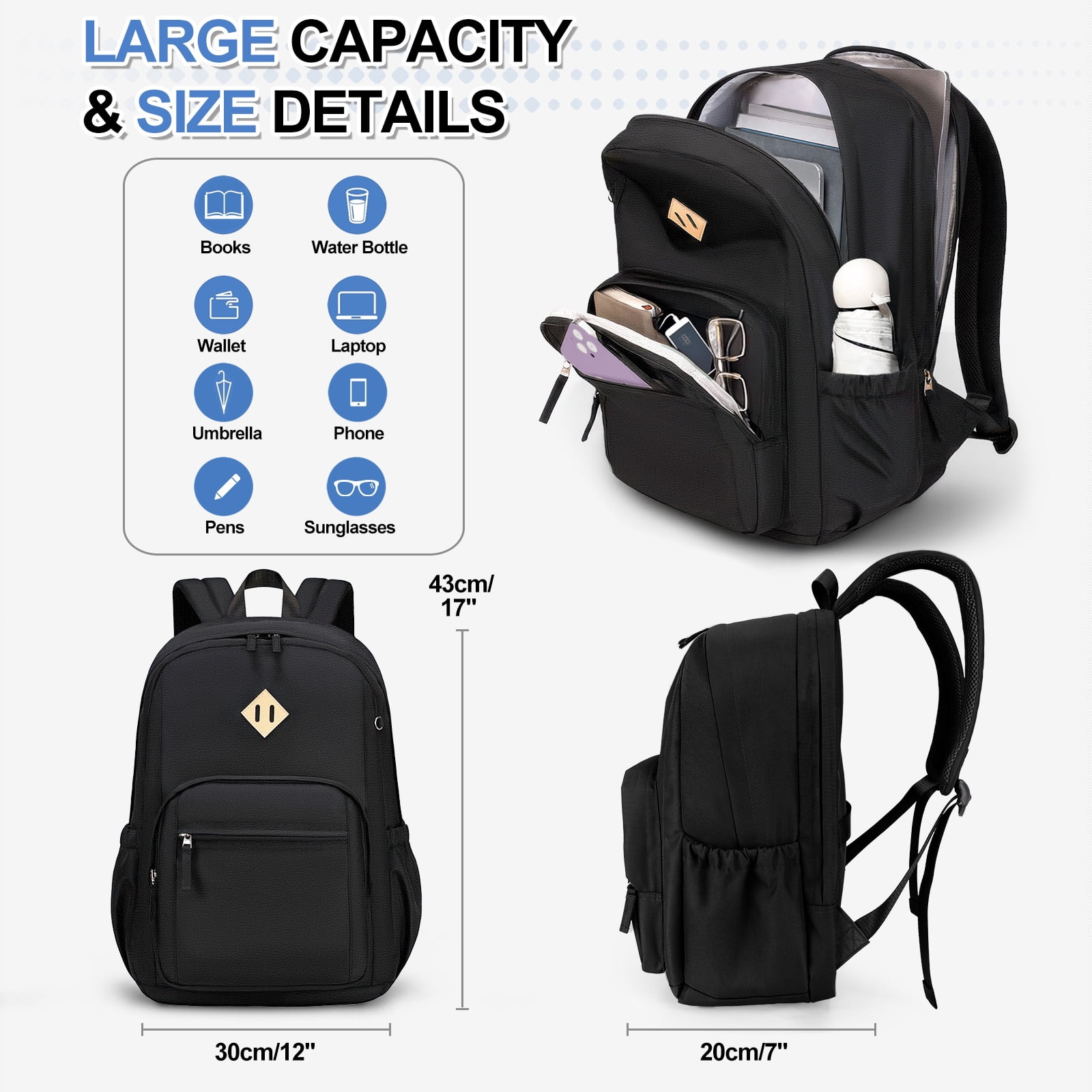 DAKIMOE Travel Backpack for Women Men Laptop Backpack with Computer Compartment Waterproof Large Capacity Wear Resistant Scratch-proof for Travel College Bussiness School, Black