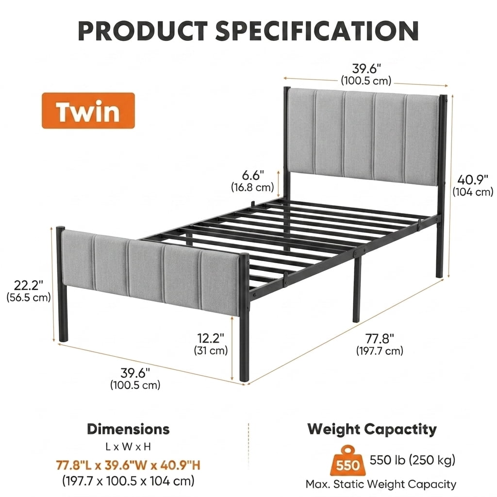 LEDREM Twin Size Metal Bed Frame with Upholstered Headboard and Footboard, 12.4-Inch Underbed Clearance, 550 lb Capacity, Easy Assembly, Dove Gray