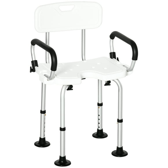 HOMCOM Adjustable Shower Chair with Arms and Back, Bath Chair with U Shaped Seat, Anti-slip Shower Bench for Seniors and Disabled, Tool-Free Assembly, 299lbs