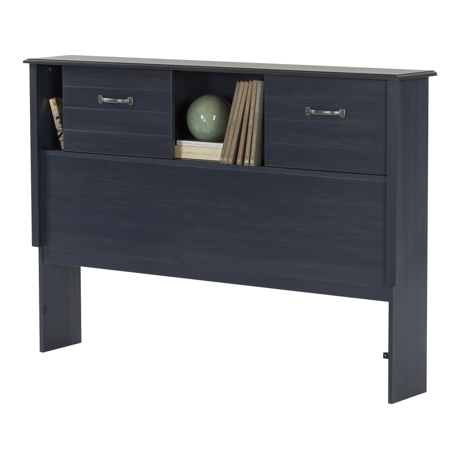 HomeStock Old World Charm Bookcase Headboard - With Sliding Doors, Blueberry Finish, Storage and Legs, 58.25" W x 9.5" H, Perfect for Functional Bedrooms