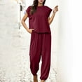 thumbnail image 2 of Penkiiy Womens Summer Cotton Linen 2 Piece Outfits Crewneck Half Sleeve Long Pants Jumpsuit Se L Wine, 2 of 6
