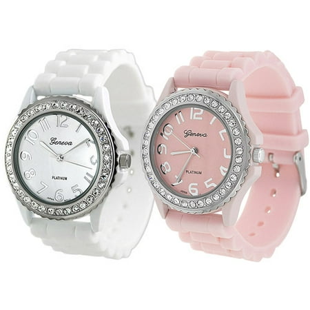Brinley Co. Women's Rhinestone-Accented Silicone Watch, Set of 2