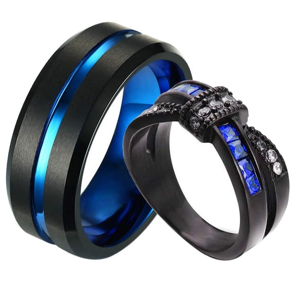 ringheart Two Rings Couple Rings Black and Blue Plated Titanium Steel 8mm Mens Wedding Band Blue Cz Womens Wedding Ring