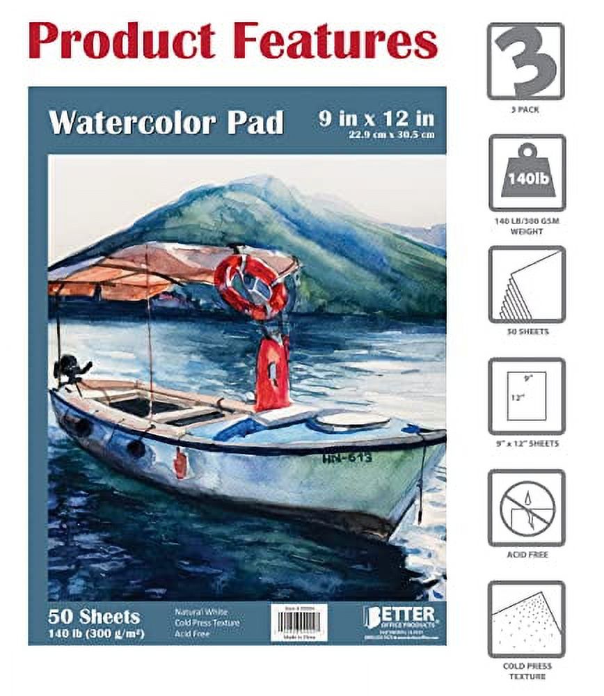 9" x 12" Watercolor Pad, 3 Pack (150 Extra Heavyweight Sheets), 140 lb/300gsm, by Better Office Products, Gaouche Book with Fold-Over Cover, Gum Bound Easy Tear, Acid Free, Cold Press, Natural White