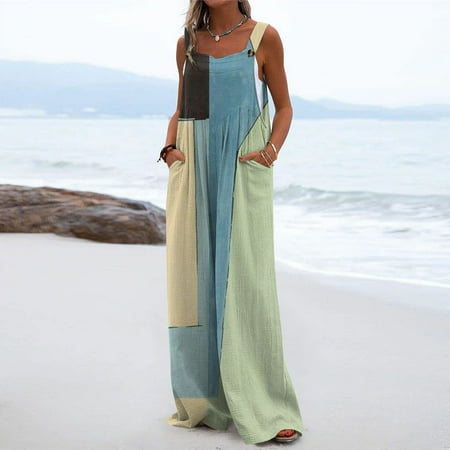 

QWANG 2023 New Blue Women s One-Piece Button Up Jumpsuit Casual Loose Sleeveless Rompers With Pockets