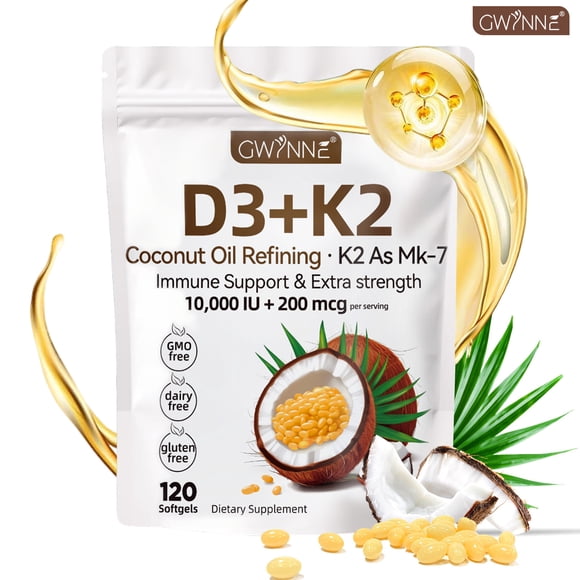 GWYNNE Vitamina D3 (10 000 UI) + K2 (MK-7) Cápsulas blandas (con aceite de coco para facilitar la absorción)