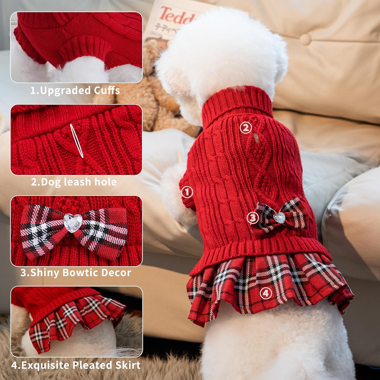 Girl Dog Sweater Dress with Bowtie Turtleneck Small Dogs Sweater with Leash Hole, Knitted Small Dog Sweaters Dress Puppy Winter Clothes for Yorkies Chihuahua (Large, Red)