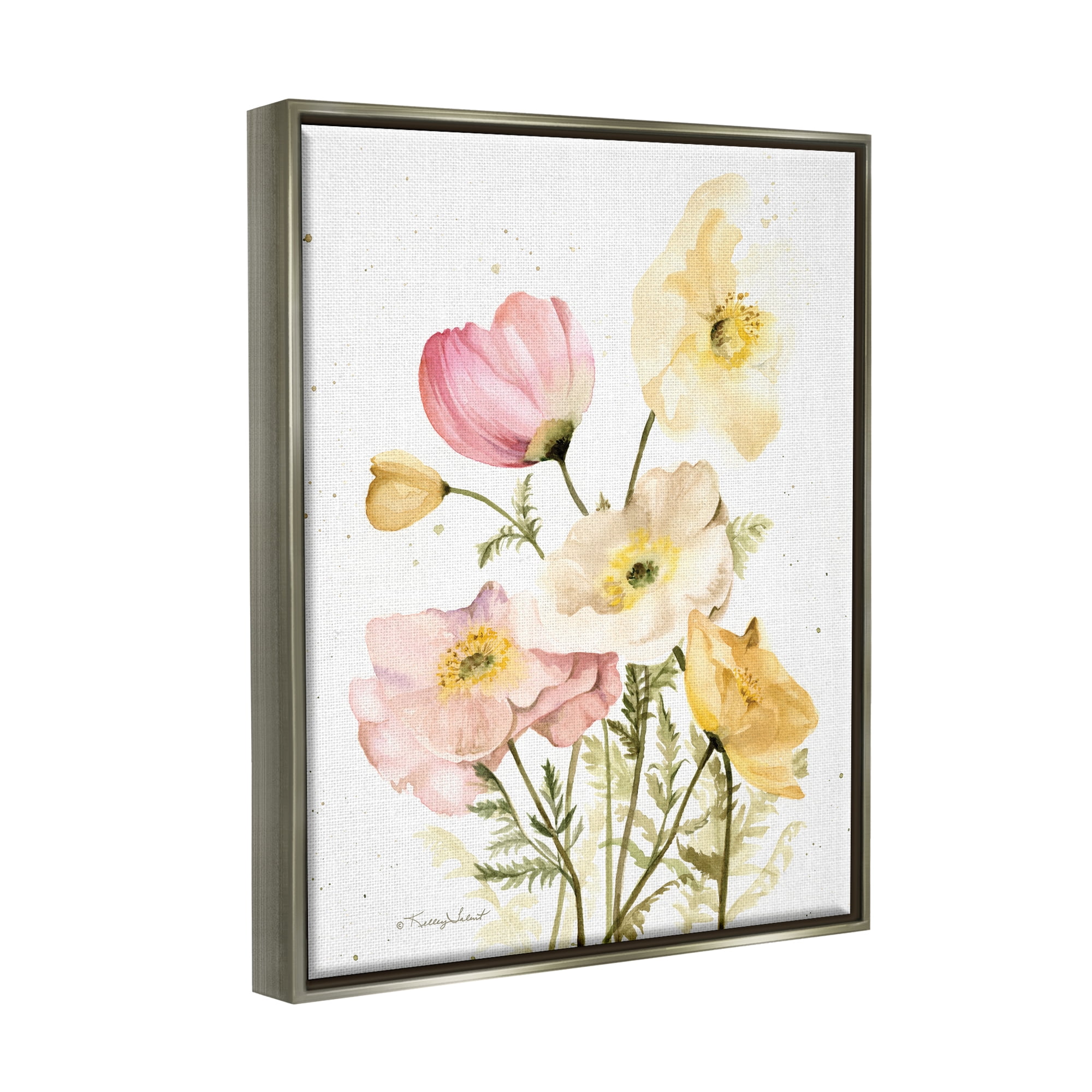 Stupell Industries Pink & Yellow Florals Botanical & Floral Painting Gray Floater Framed Canvas Art Print Wall Art, 17 x 21