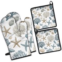 Coastal Coral Starfish Kitchen Oven Mitt and Pot Holder Sets 4 Pcs for Baking, Cooking and Grilling, Heat Resistant Up To 392 °F