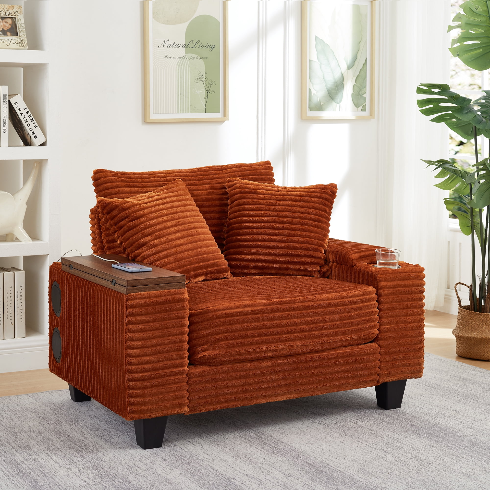 Chaise Lounge Chair Indoor,Corduroy Single Upholstered Sofa Bed with Ottoman,Cup Holder & USB Ports,180°Rotating Table Board for Living Room,Bedroom,Apartment,Orange