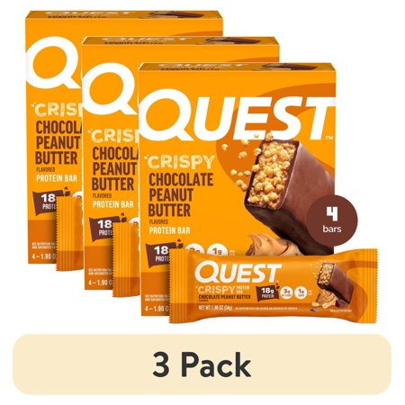 (3 pack) Quest Crispy Protein Bar, Chocolate Peanut Butter, 18g Protein, Gluten Free, 4 Count