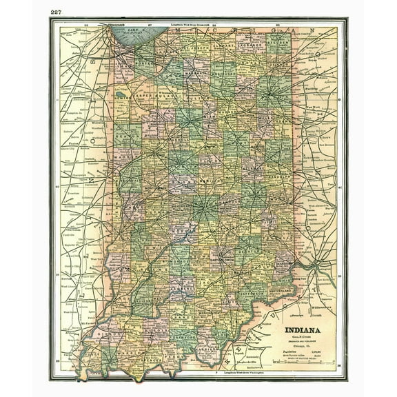 Historic State Map - Indiana - Johnson 1888 - 23 x 27.49 - Vintage Wall Art
