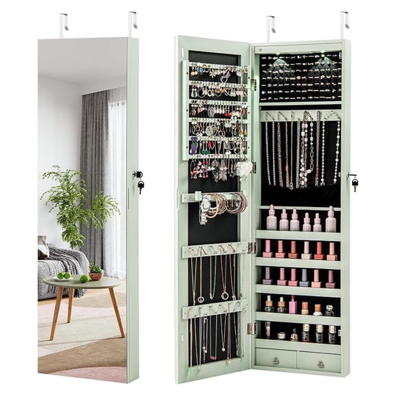 WDZS Wall Door Mounted Jewelry Armoire Cabinet with 47.5" Full Length Mirror, 2 LEDs Lockable Jewelry Organizers and Storage with 2 Drawers, Over the Door Jewelry Organizer Cabinet (Sage)