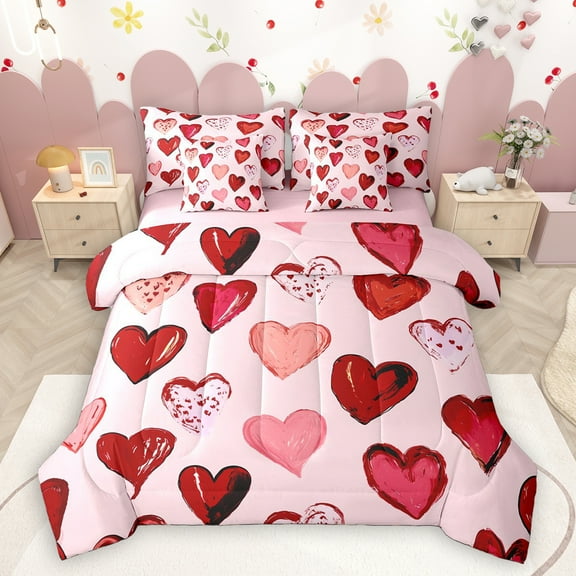 Homewish Oil Painting Loves 7-Piece Twin Bedding Sets,Valentine'S Day Theme Bedding Comforter Set,Pink Red Sheet Sets For Men Women,Microfiber Bedroom Decor Reversible