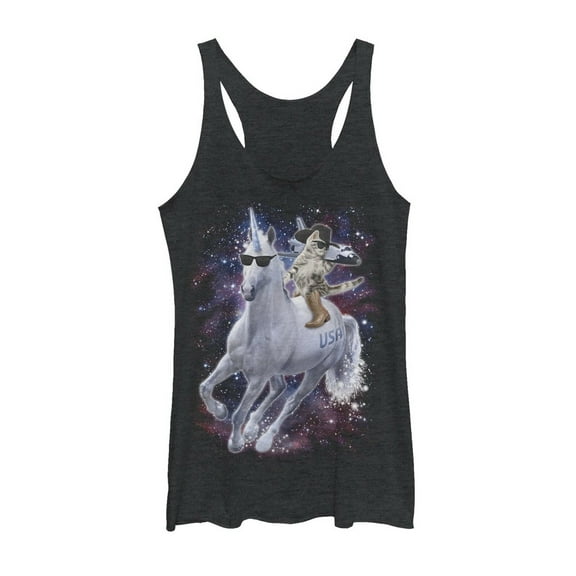 Women's Lost Gods Texas Boombox Cat and Unicorn  Racerback Tank Top Black Heather 2X Large