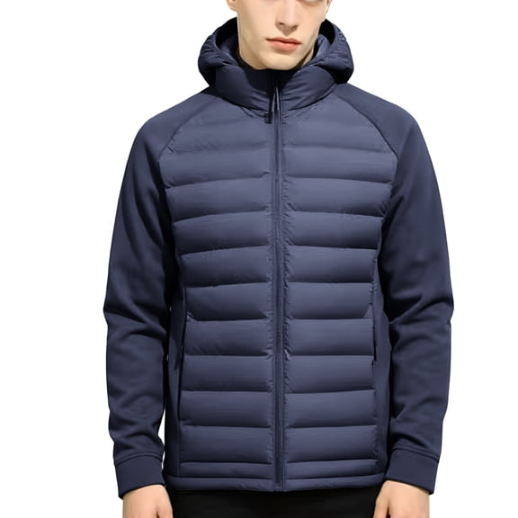 Xdegoge Mens Mixed Media Puffer Jacket Fleece Sleeves Athletic Winter Coat with Hood Running Full Zip Workout Golf Fall Spring Casual Outerwear